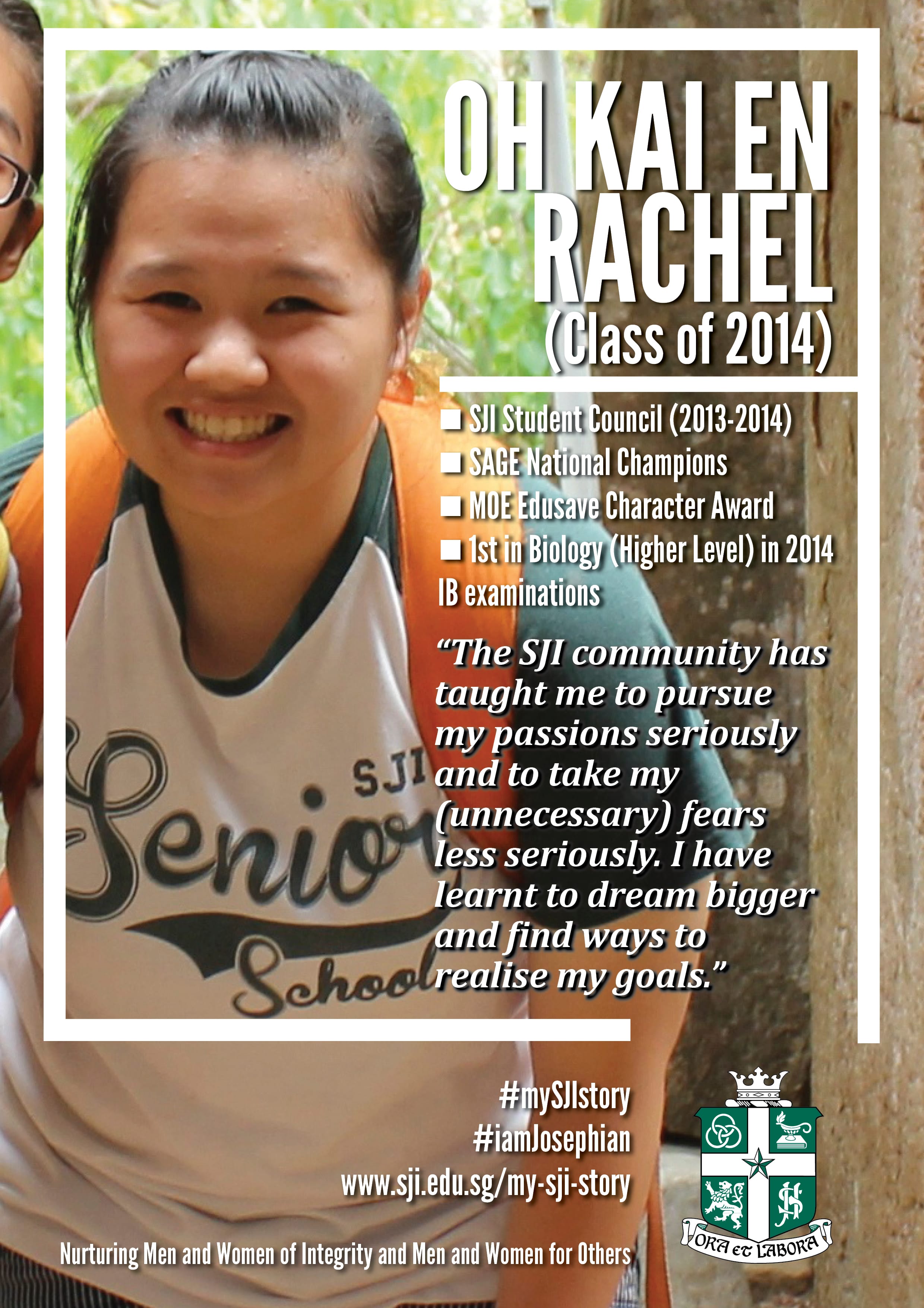 A smiling young woman in an SJI Senior School jersey features on a promotional poster for Rachel Oh Kai En, Class of 2014.